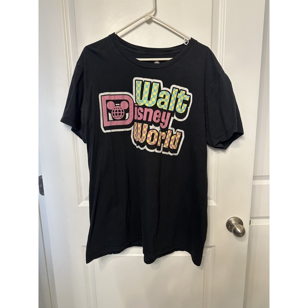 Walt Disney World 50th Anniversary Checkered Logo Black 90s T-Shirt XXL Casual